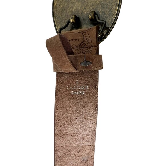 Express Brown Floral Tooled Leather Belt w Stone & Rock Buckle  Size S  Artisan - Picture 9 of 14